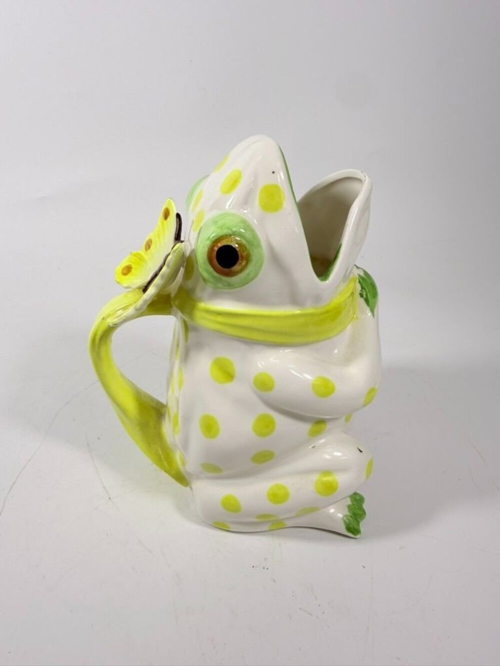 Frog Pitcher Vase Seymour Mann Hand Painted Ceramic Yellow Green Polka Dots Butt - Picture 5 of 16